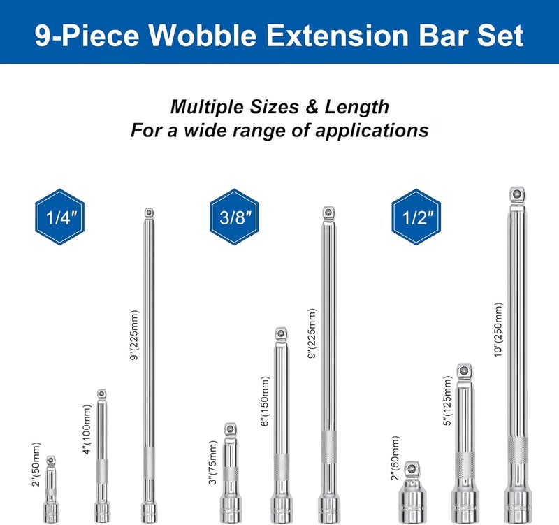 DAZCOS 9 Pieces Wobble Extension Set Includes 1/4 3/8 1/2 Inch drive Extensions Premium Chrome Vanadium Steel with Mirror Finish - Image 2